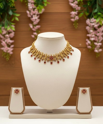 Antique Gold-Plated Choker Set with Ruby  Stones